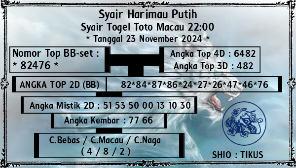 Syair Harimau Putih - Syair Togel Toto Macau 22:00